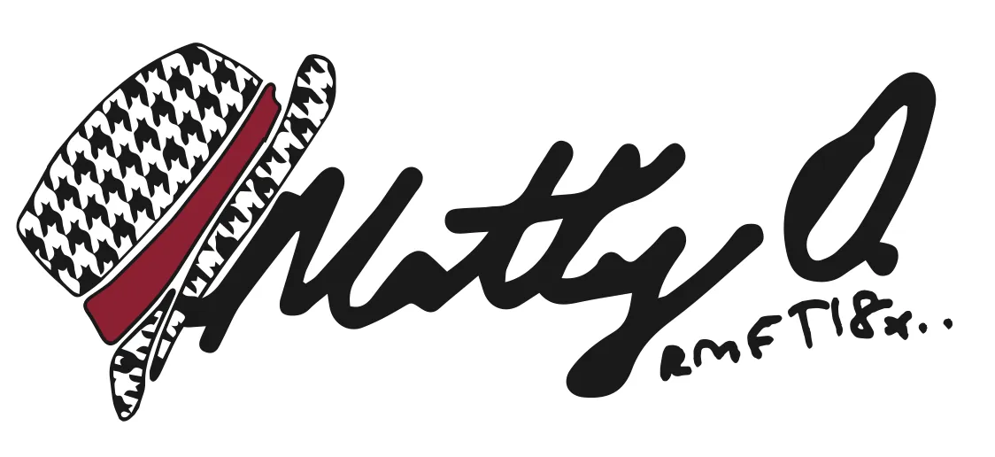 Matty O: a script signature next to a houndstooth hat with a crimson band.