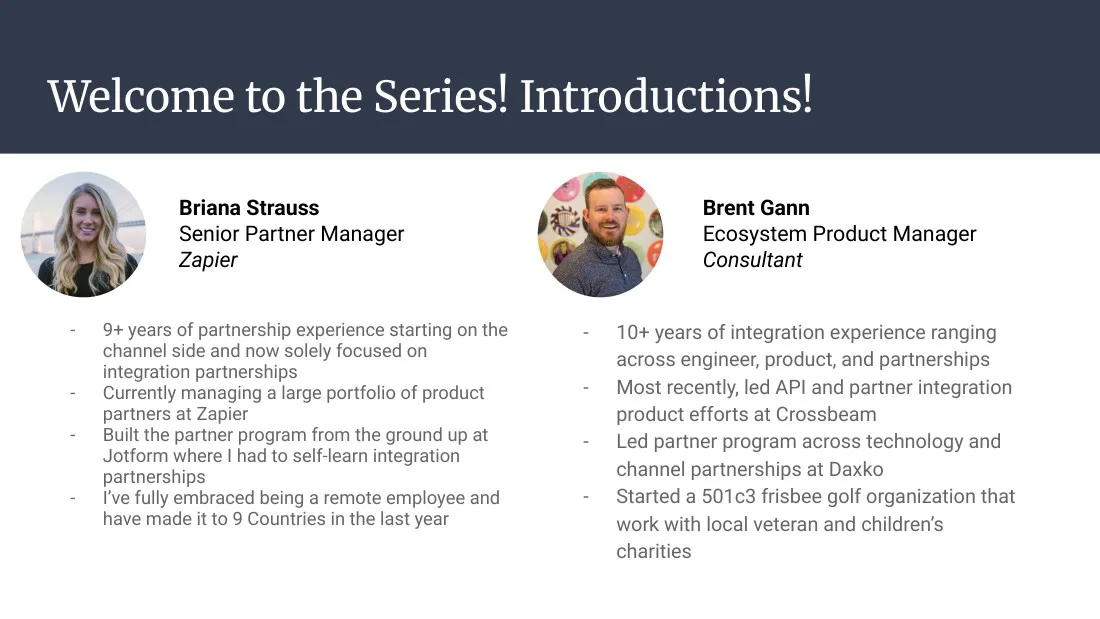 Introductions slide with Briana Strauss of Zapier and Brent Gann, Ecosystem Product Manager and consultant.