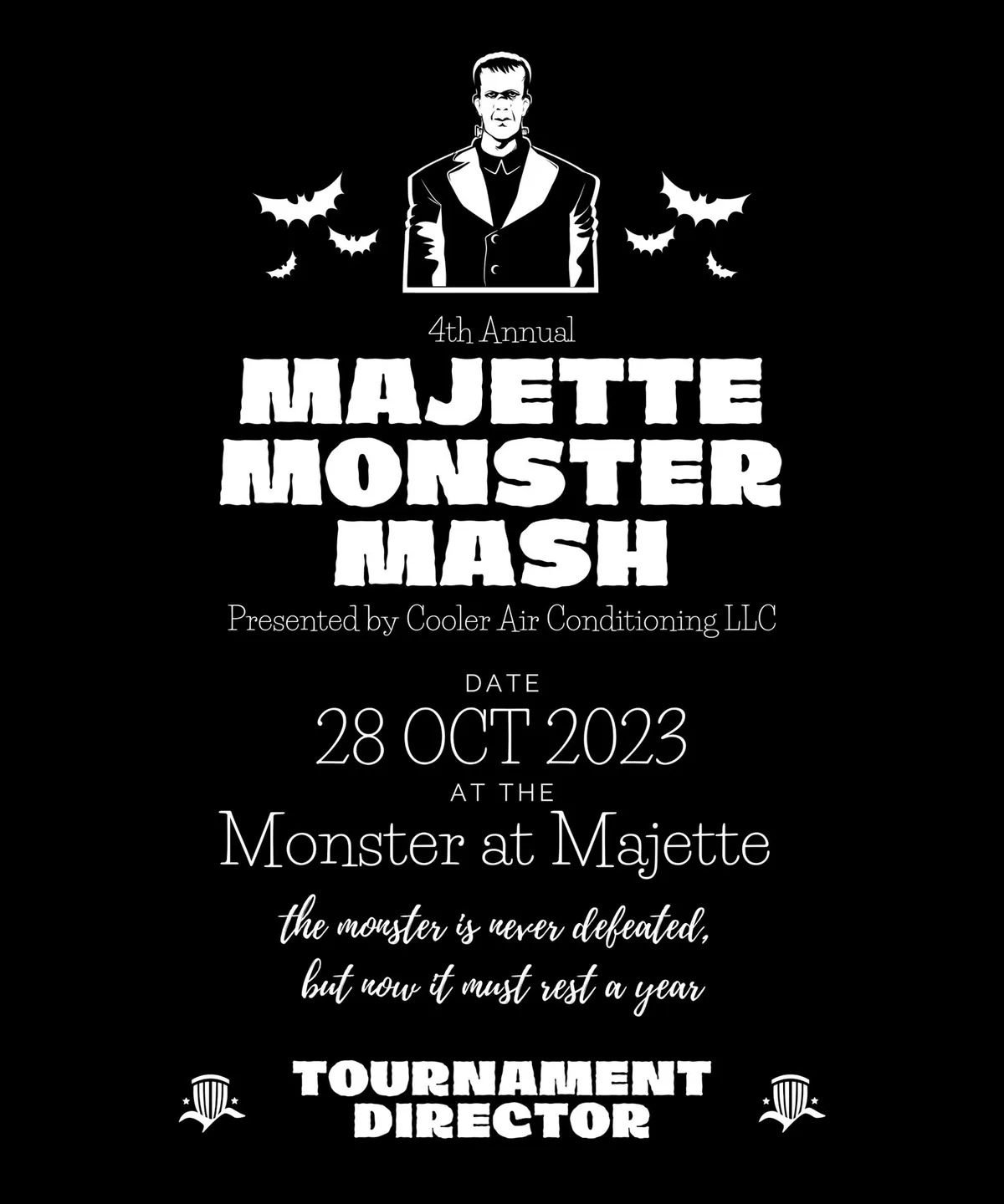 Tombstone-shaped Monster Mash 2023 plaque for the Tournament Director, with the epitaph 'the monster is never defeated, but now it must rest a year'.