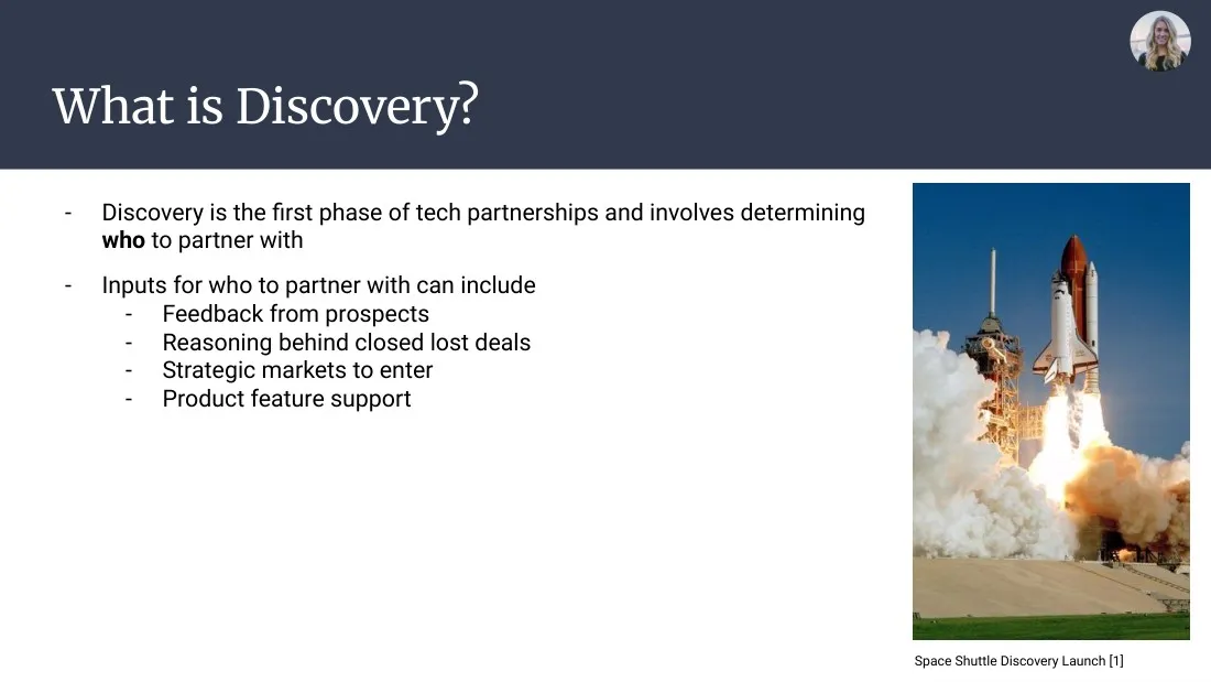 Slide: What is Discovery, with a Space Shuttle Discovery launch photo and the inputs for choosing partners.