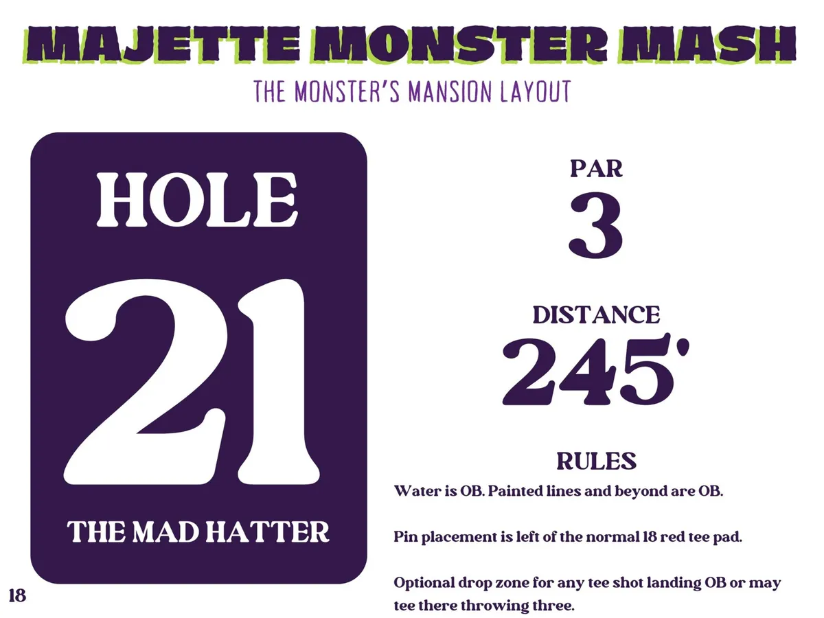 Monster Mash tee sign for hole 21, The Mad Hatter, on the Monster's Mansion layout: par 3, 245 feet, with OB and drop-zone rules.
