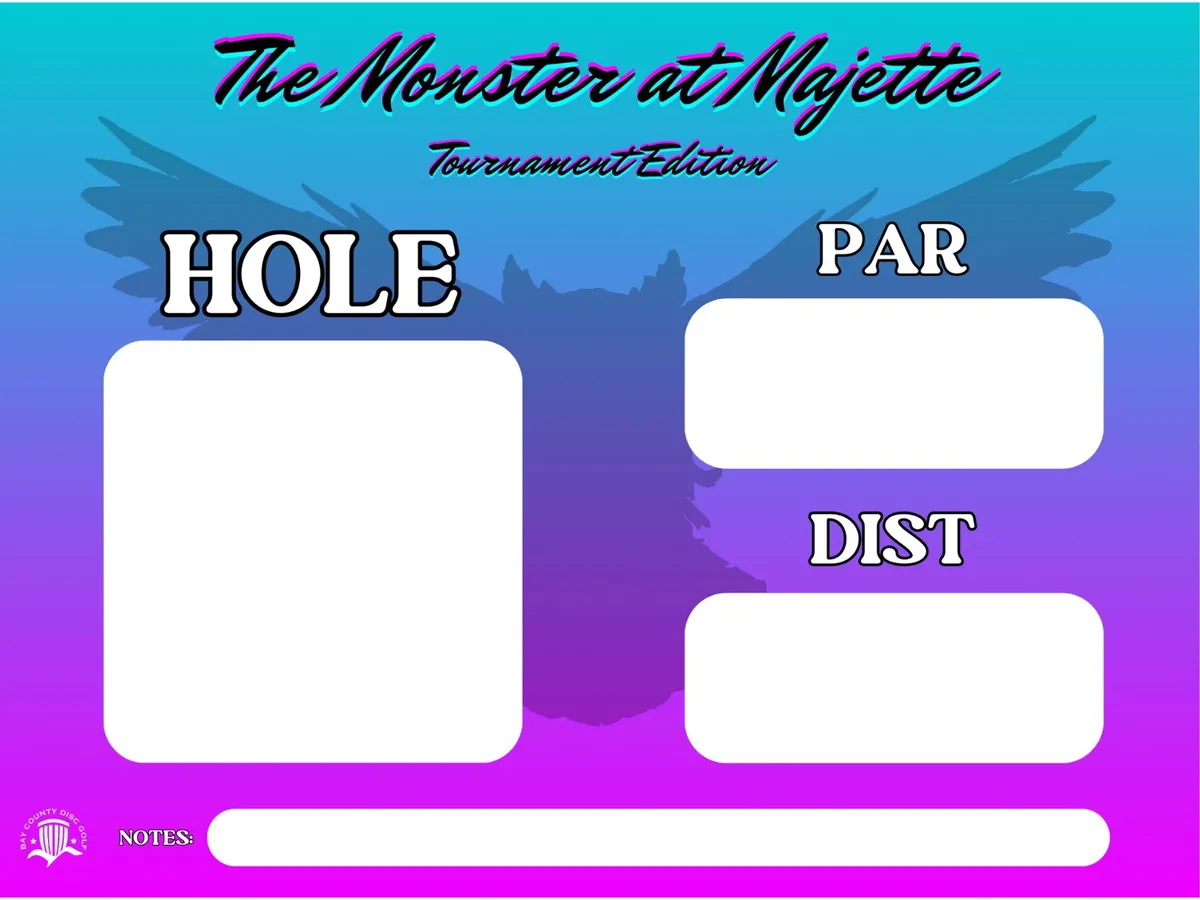 Monster at Majette tournament-edition tee sign template: hole, par, and distance boxes left blank over the owl on a blue-to-magenta gradient.
