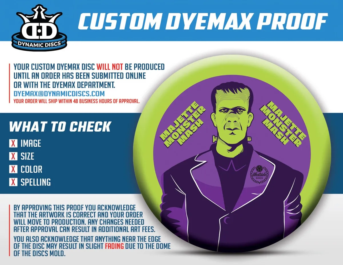 Dynamic Discs DyeMax proof: a green disc with the purple-suited Frankenstein character and the Majette Monster Mash wordmark on both sides.