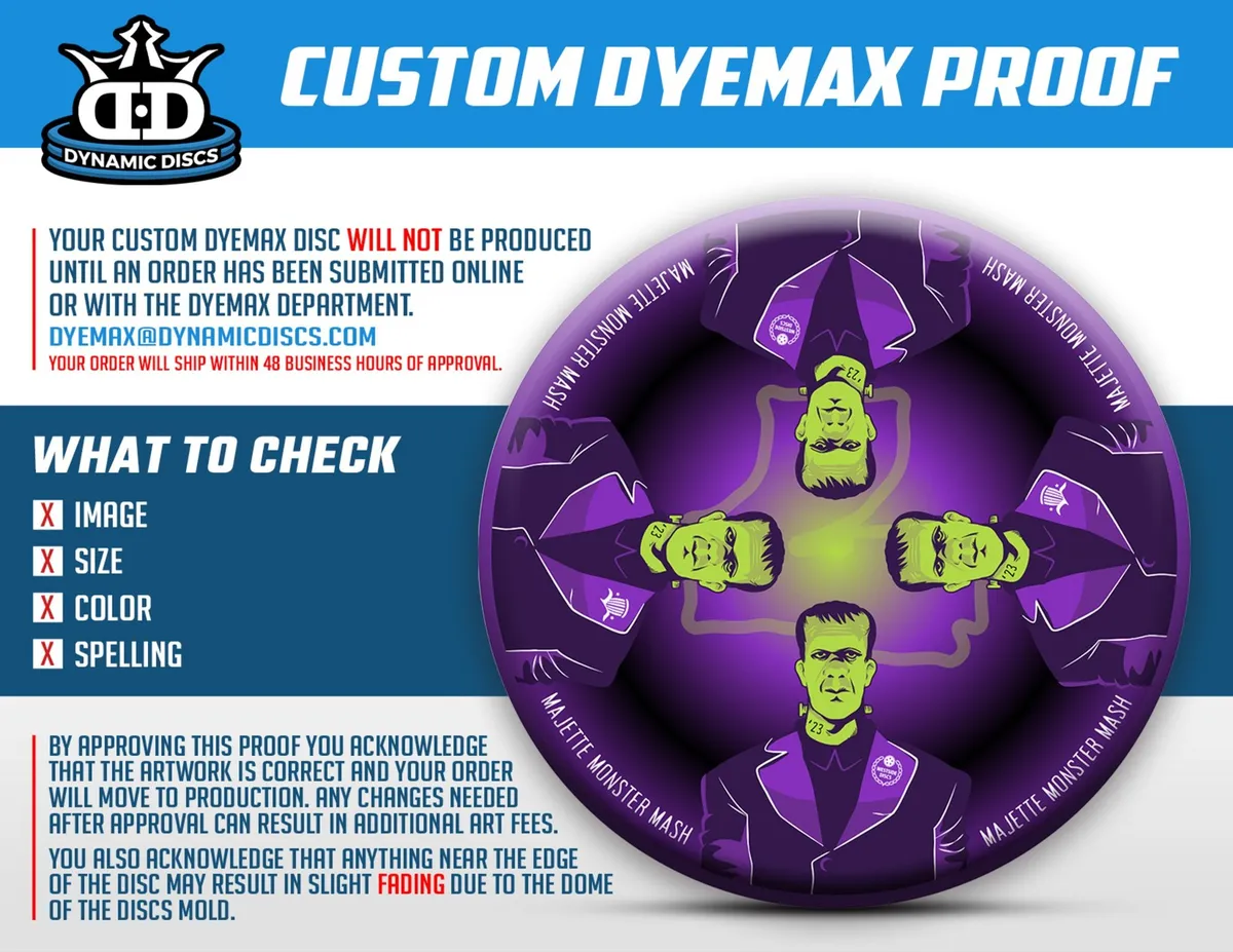 Dynamic Discs DyeMax proof: a purple disc with the Frankenstein character repeated four times around a central Majette Monster Mash badge.