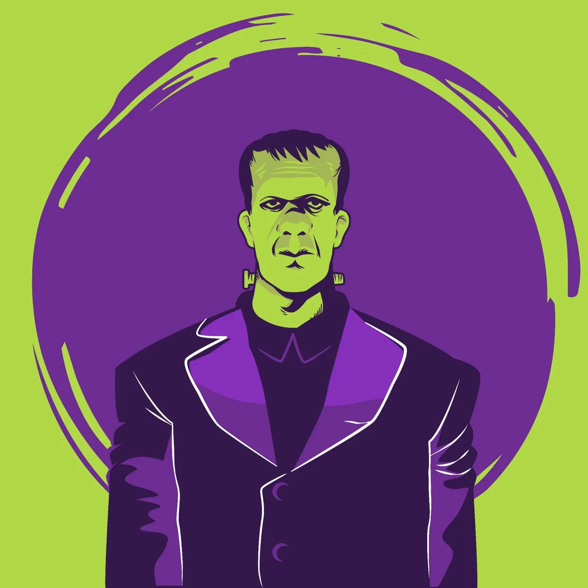 Monster Mash 2024 mini disc stamp: the character in purple on a green brushed circle.