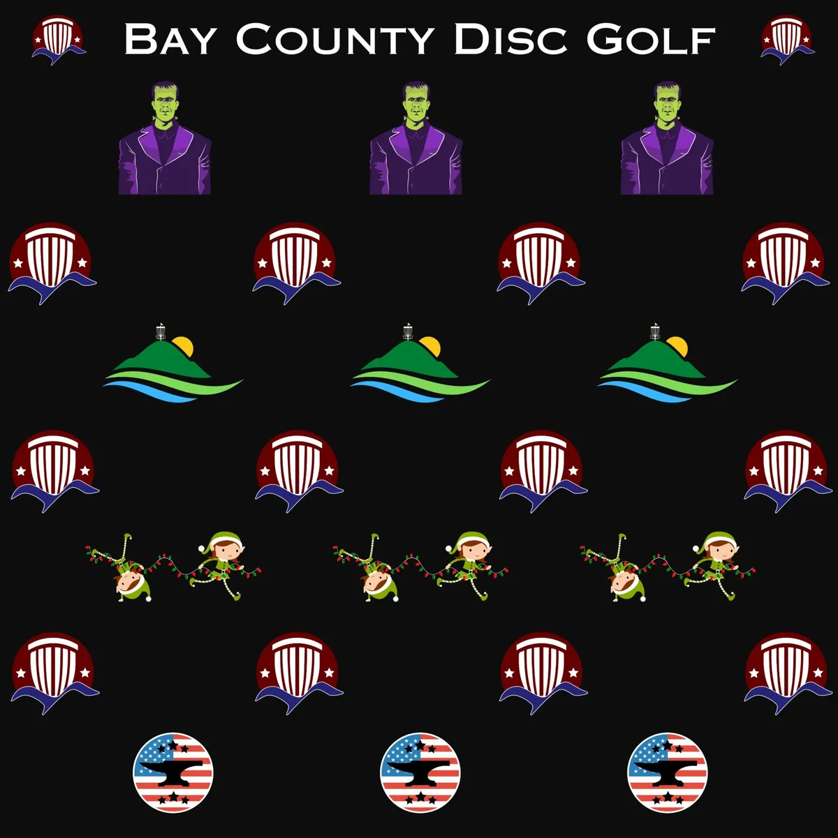 Vinyl banner pattern: Frankenstein, baskets, the club wave mark, and skeleton golfers repeated on black.