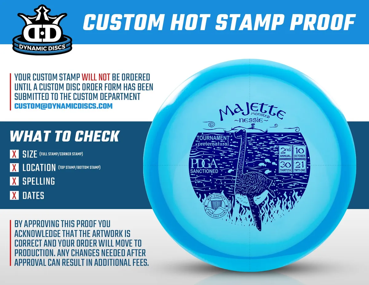 Dynamic Discs hot stamp proof on a blue disc for Majette, Nessie: a line-art sea monster in the water.