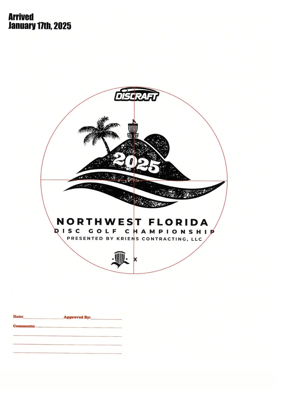 Discraft proof sheet for the 2025 Northwest Florida Disc Golf Championship stamp: the dune, palm, and sun mark with sponsor logos.