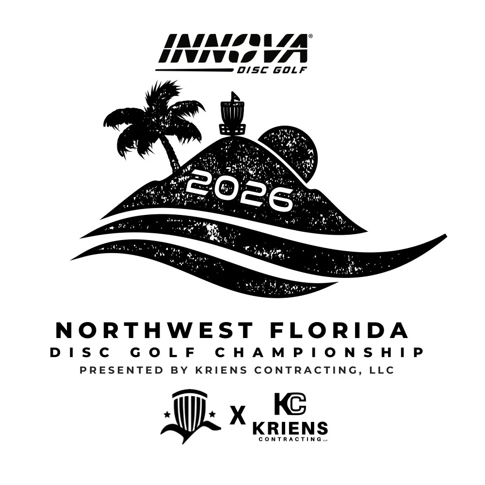 2026 Northwest Florida Disc Golf Championship stamp art for Innova: the dune, palm, and sun mark with the year, presented by Kriens Contracting.