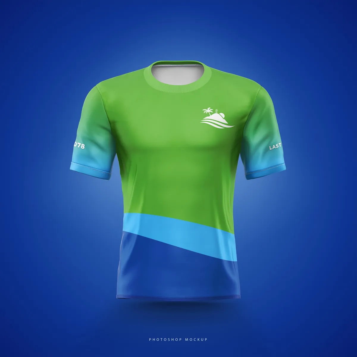 2025 Northwest Florida Disc Golf Championship jersey front: lime green fading to blue with a wave across the chest and the palm-and-dune mark.