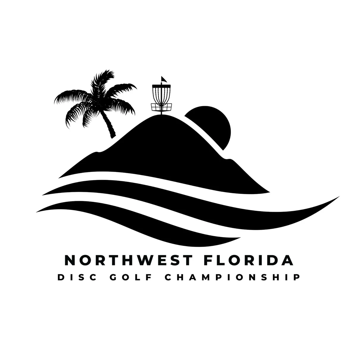 Northwest Florida Disc Golf Championship trophy mark: a palm-topped island with a basket, over waves.