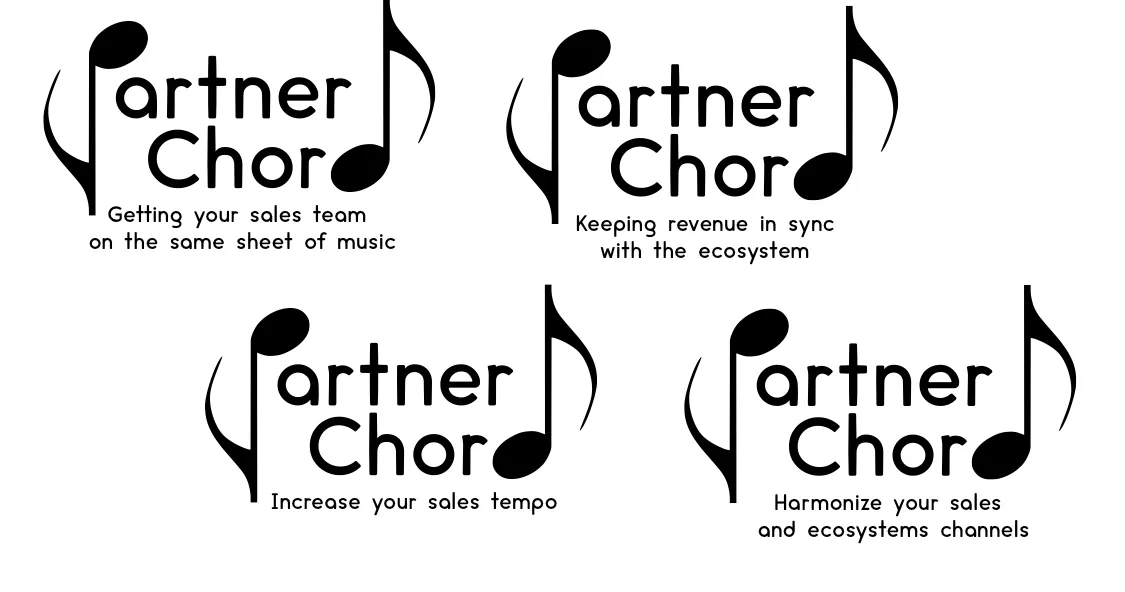 PartnerChord wordmark variants: a music-note mark with four different taglines about sales and ecosystems.