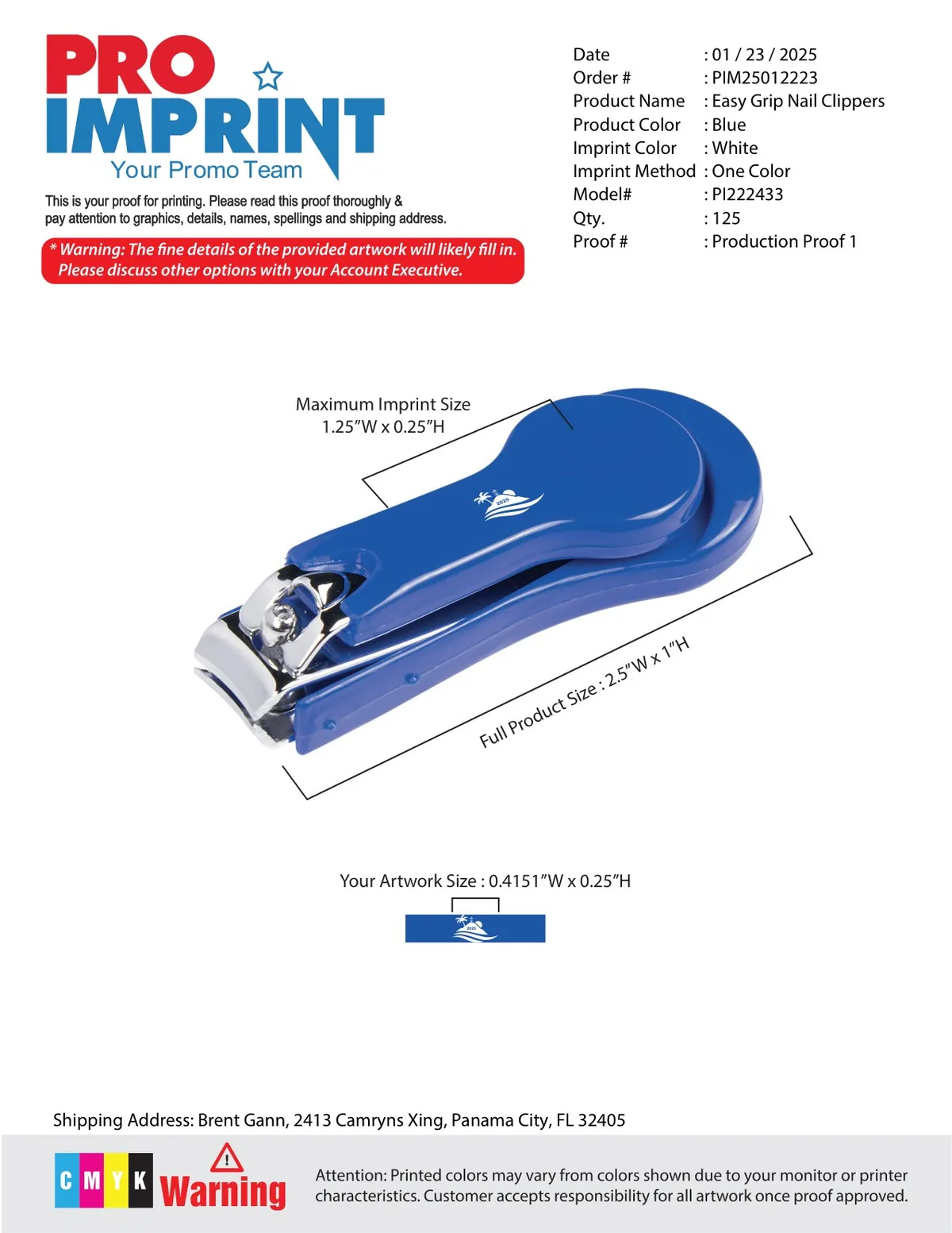 ProImprint artwork proof for a nail clipper with the club crest.