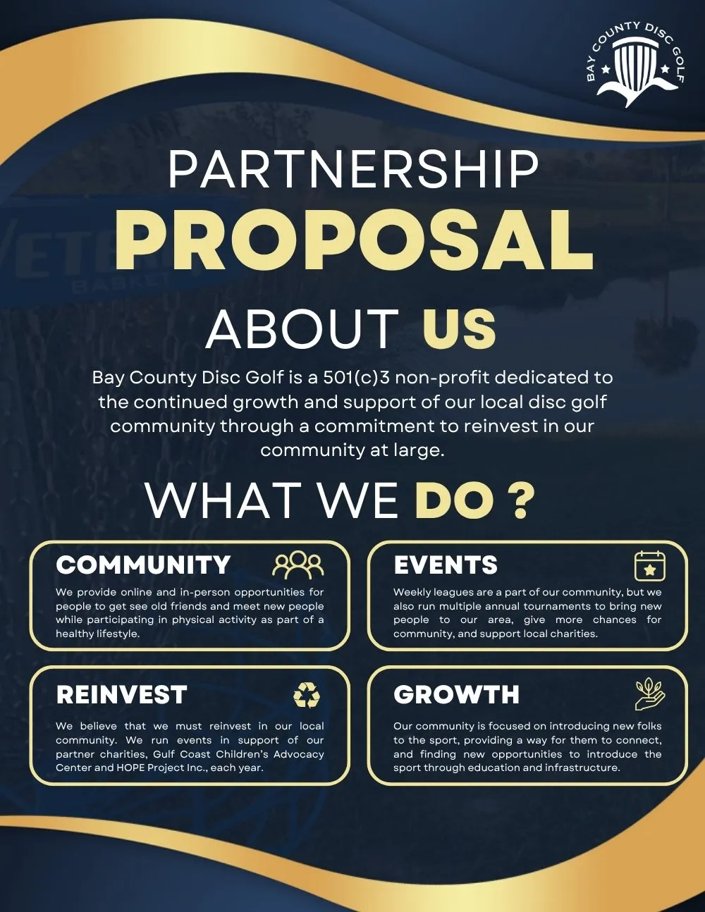 Partnership proposal cover: navy and gold with the club mark.