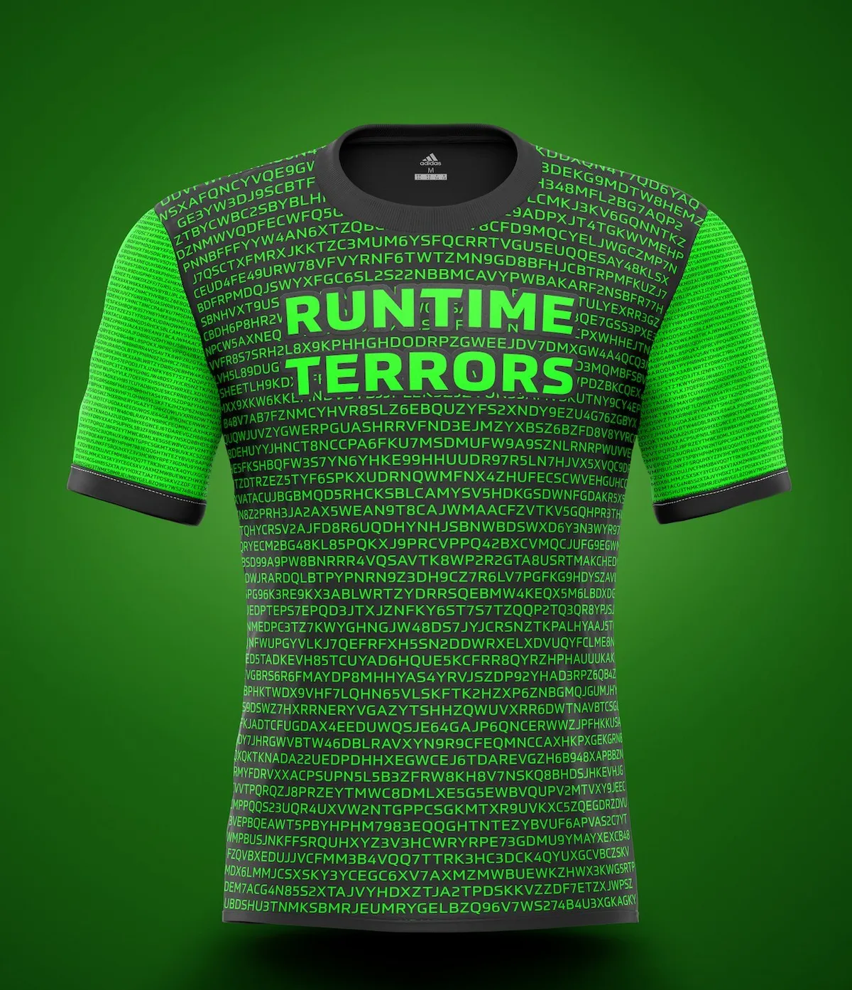 Runtime Terrors jersey front: bright green sleeves and collar on a black body textured with rows of green code, the team name on the chest.
