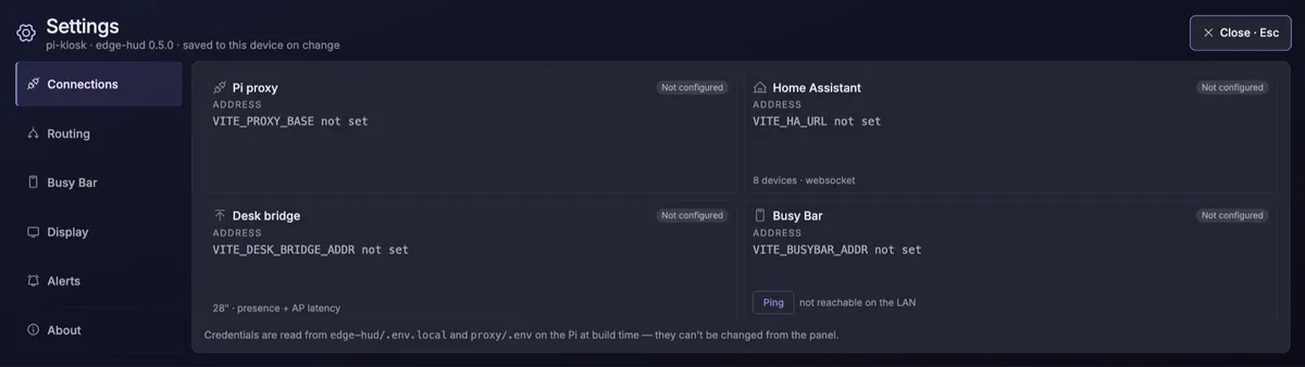 Edge HUD settings: a Connections panel listing the Pi proxy, Home Assistant, desk bridge and Busy Bar, each with its environment variable and configuration state.