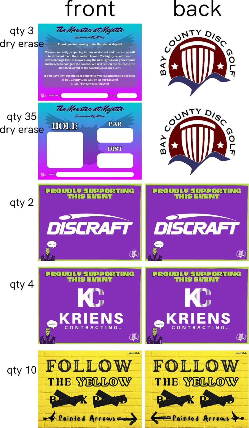 Print order sheet showing front and back of each sign with quantities: dry-erase tee signs, sponsor signs, and Follow the Yellow arrows.