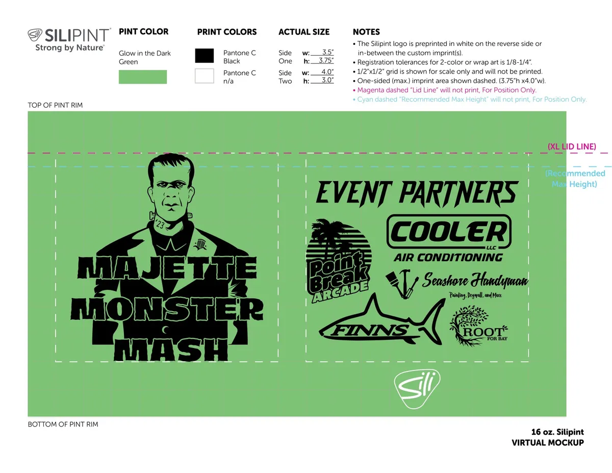 Silipint vendor mockup: a green 16 oz silicone pint with the Monster Mash character on one side and an Event Partners block of sponsor logos on the other.