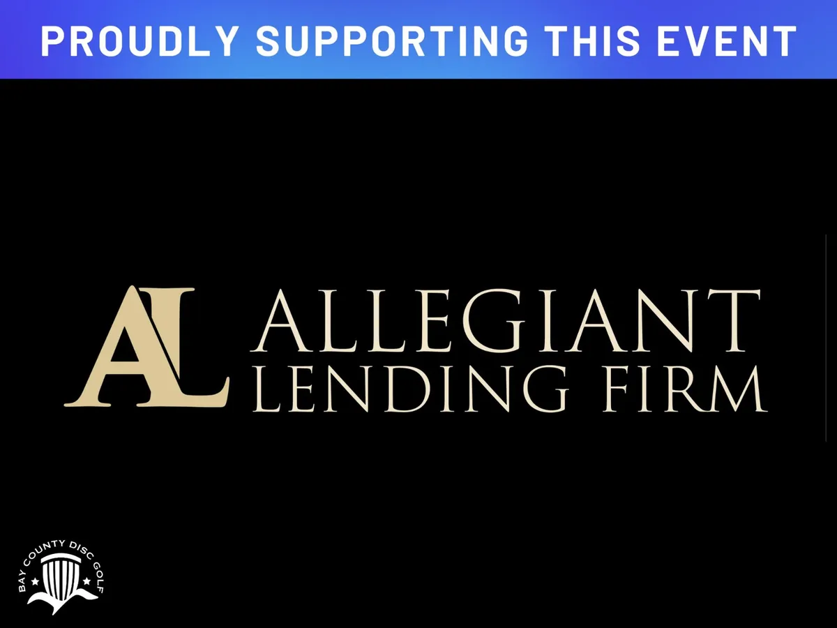 Sponsor sign for Allegiant Lending Firm, gold on black.