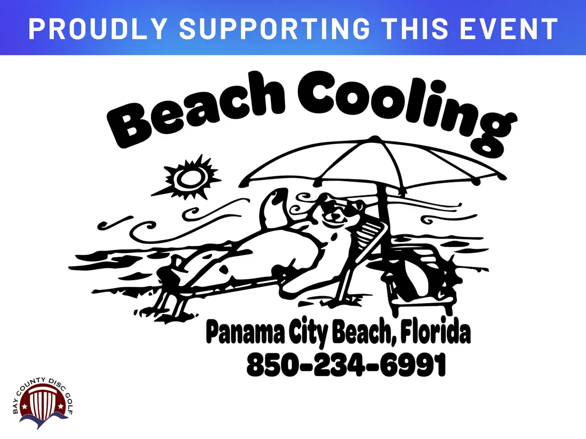 Sponsor sign for Beach Cooling, the hand-drawn beach-chair logo.
