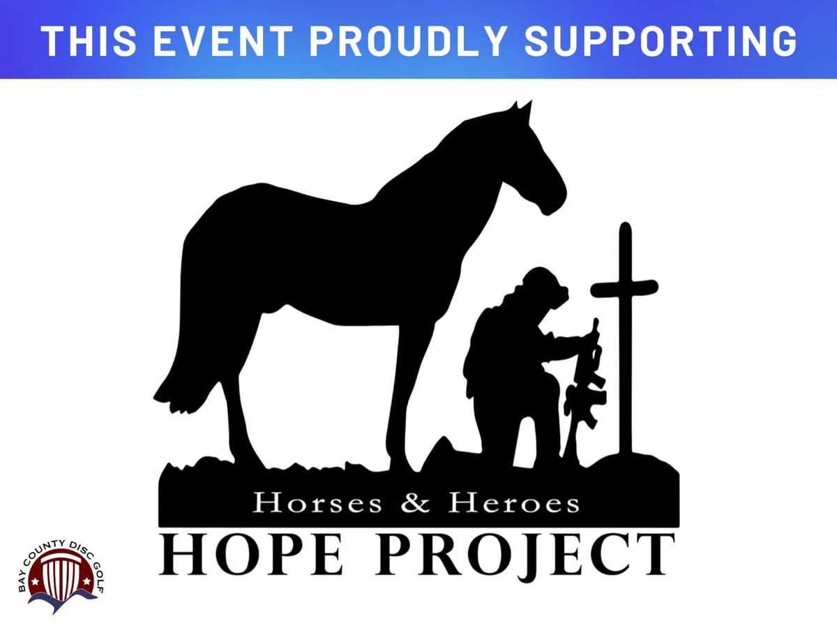 Sponsor sign for the Horses & Heroes HOPE Project: a horse standing beside a kneeling soldier and a cross.
