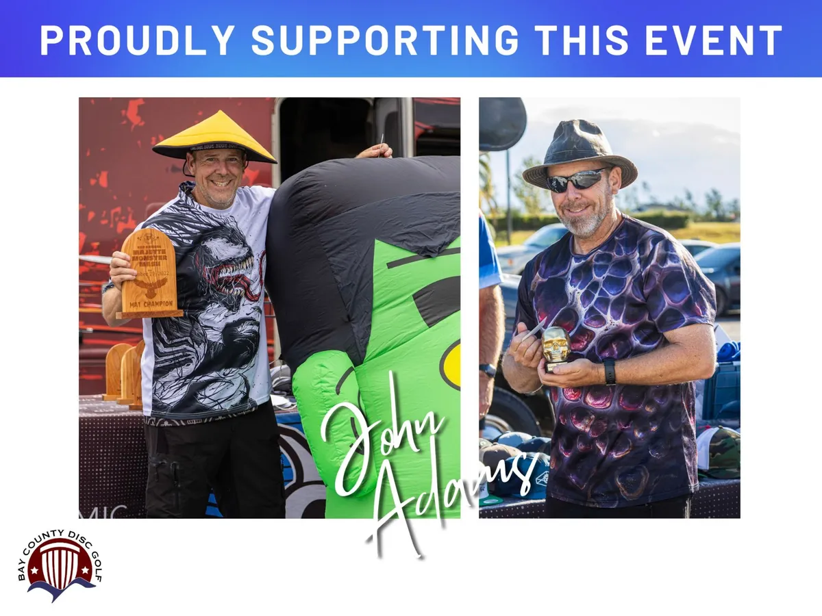 Sponsor sign with three photos of a player in costume and on the course, with a signature name.