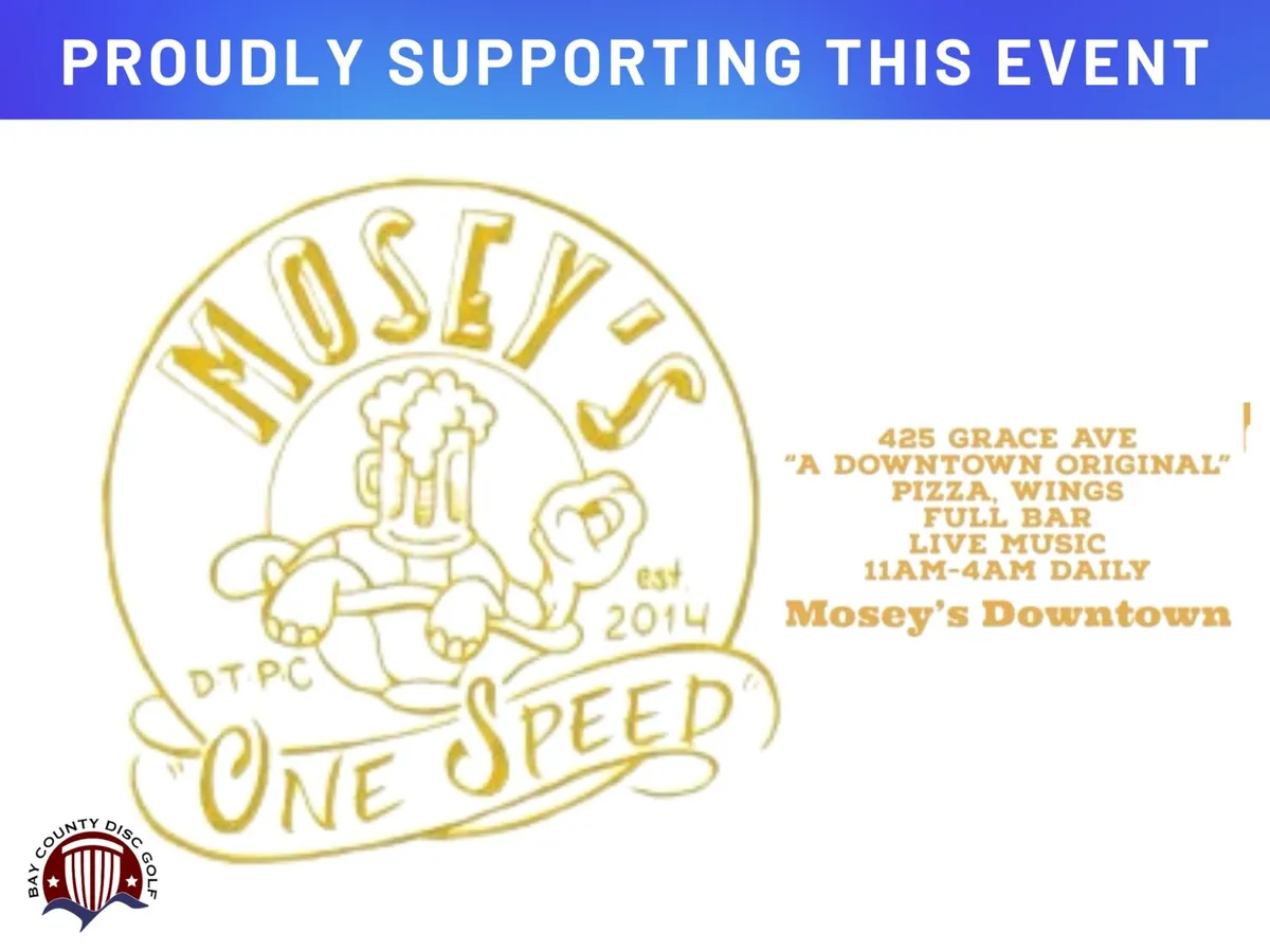 Sponsor sign for Mosey's Downtown, a gold line-art logo with address and hours.