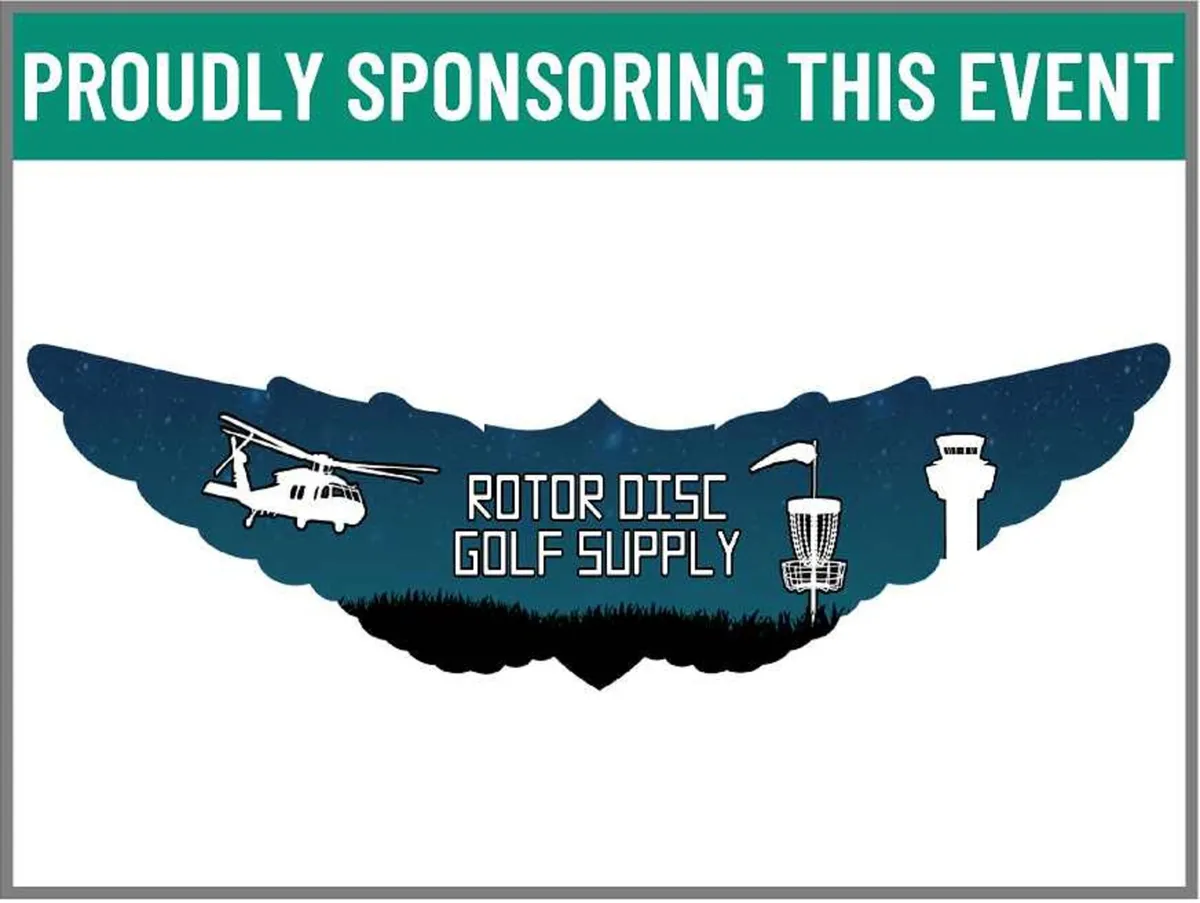 Sponsor sign for Rotor Disc Golf Supply: a helicopter silhouette over a basket.