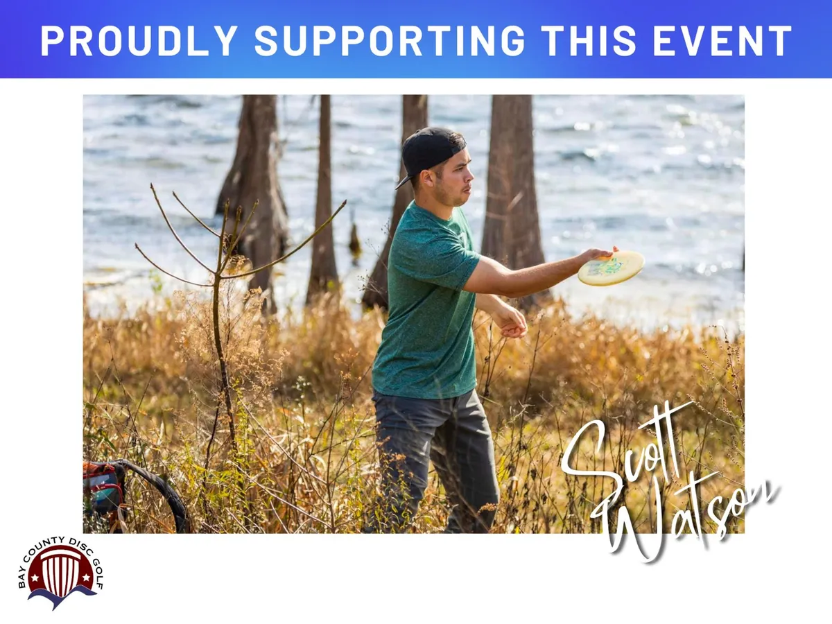 Sponsor sign: 'Proudly supporting this event' over a photo of a player throwing beside the water, with a signature-style name.