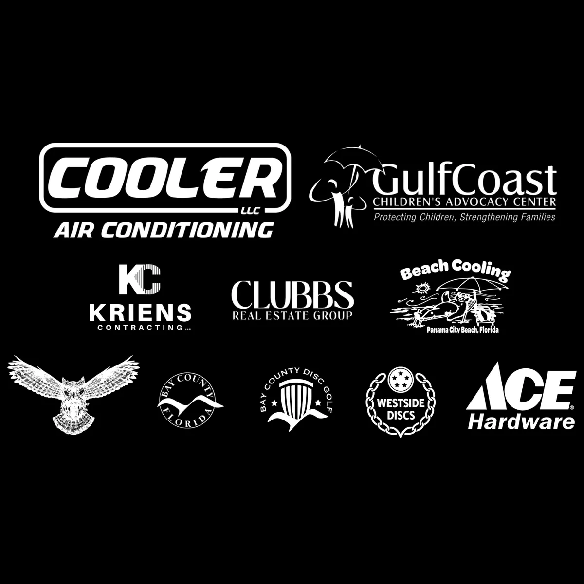 Sponsor lockup for the event: Cooler Air Conditioning, Gulf Coast Children's Advocacy Center, Kriens Contracting, Clubbs Real Estate, Beach Cooling, Ace Hardware, and others in white on black.