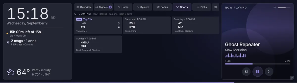 Edge HUD Sports view: a live game with score and inning alongside upcoming games with day, time and venue.