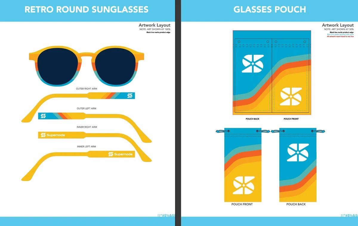 Vendor mockup of retro round sunglasses and a glasses pouch printed with the club mark.