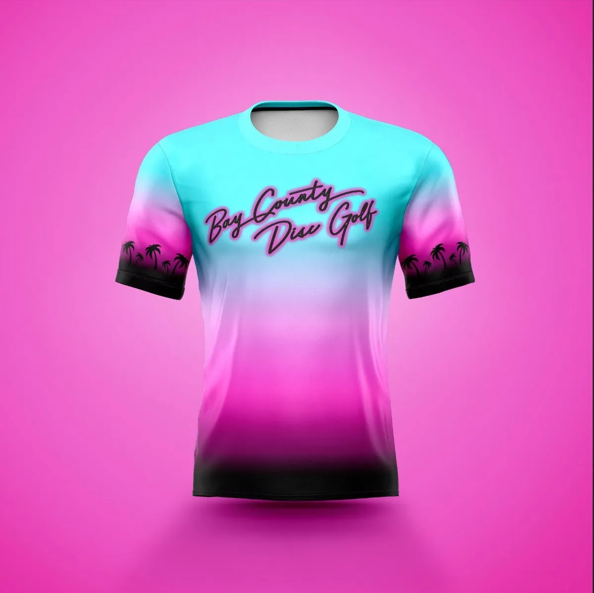 Sunset-gradient jersey, cyan to pink with palm silhouettes, the club mark on the chest and a player's name in script.