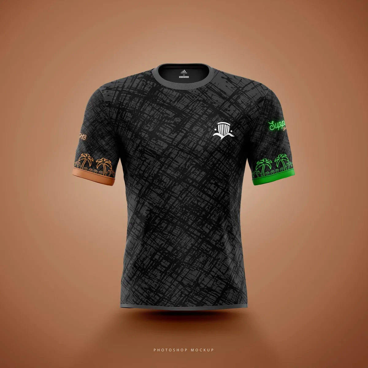 Supporter Series Nolan '24 jersey: black textured body with orange and green sleeve cuffs and palm accents.