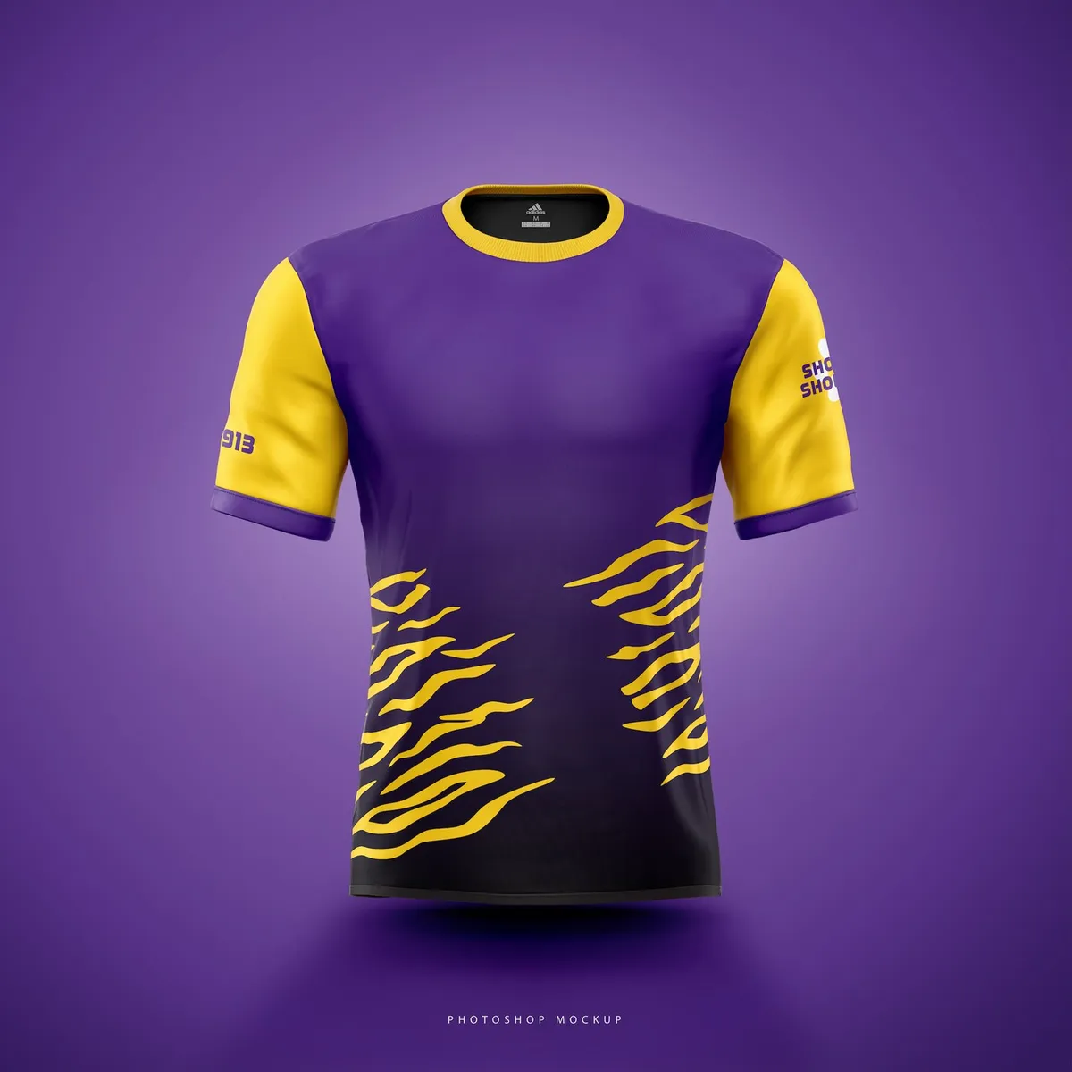 Show Up, Show Out jersey in Baton Rouge colors: purple body with gold tiger stripes and gold sleeves.