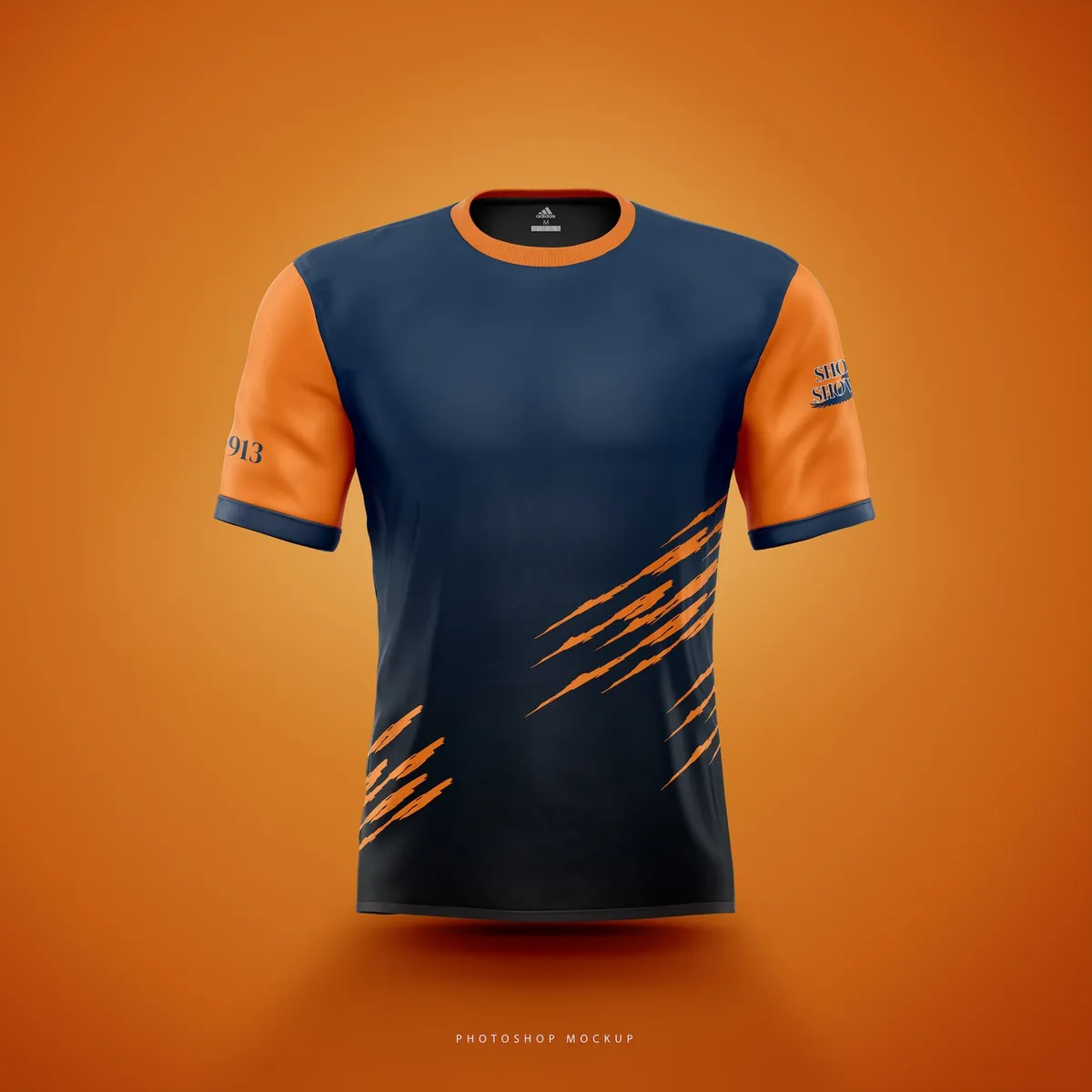 Show Up, Show Out jersey in Opelika colors: navy body with orange slashes and orange sleeves.