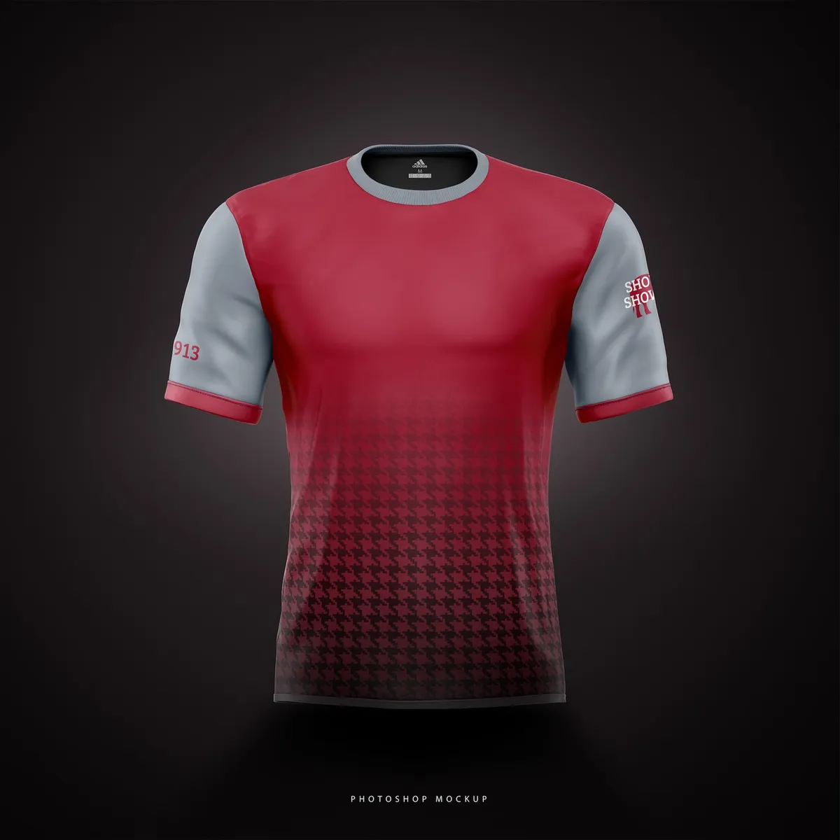 Show Up, Show Out jersey in Tuscaloosa colors: crimson body with a houndstooth fade and grey sleeves.
