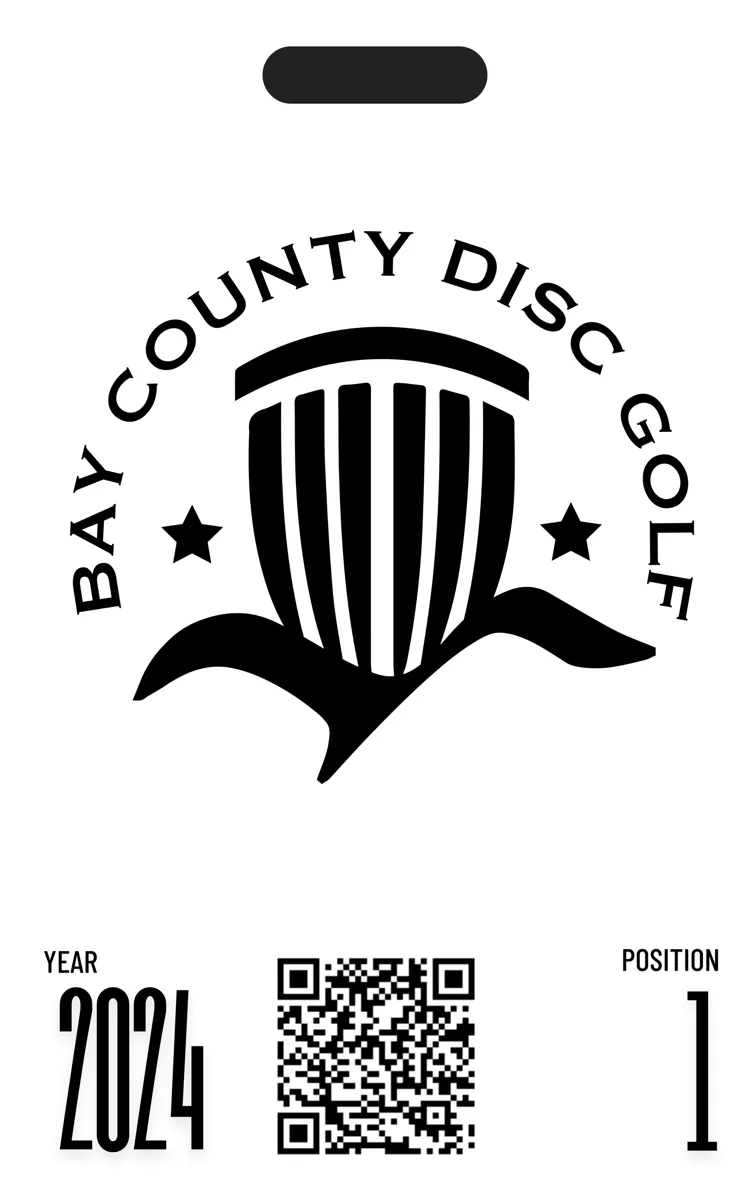 Bag tag number 1: the Bay County Disc Golf mark, the year 2024, a QR code, and the position number.