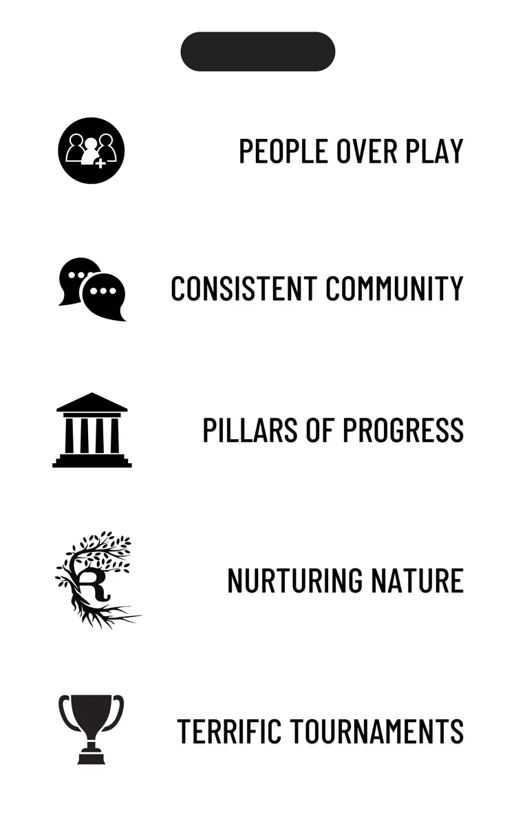 Bag tag back: five icons and lines reading People over play, Consistent community, Pillars of progress, Nurturing nature, Terrific tournaments.