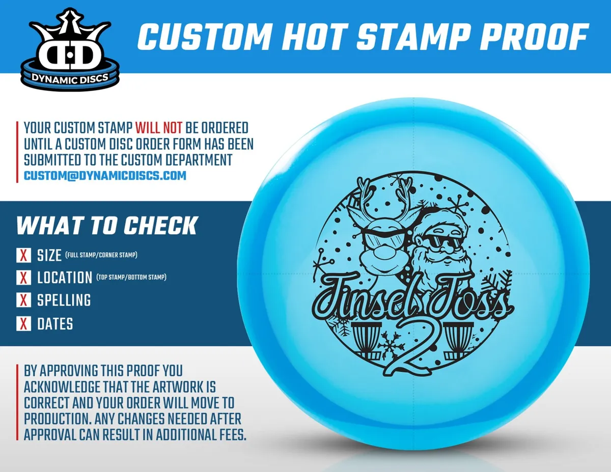 Dynamic Discs hot stamp proof: a blue disc with the Tinsel Toss 2 Santa illustration.