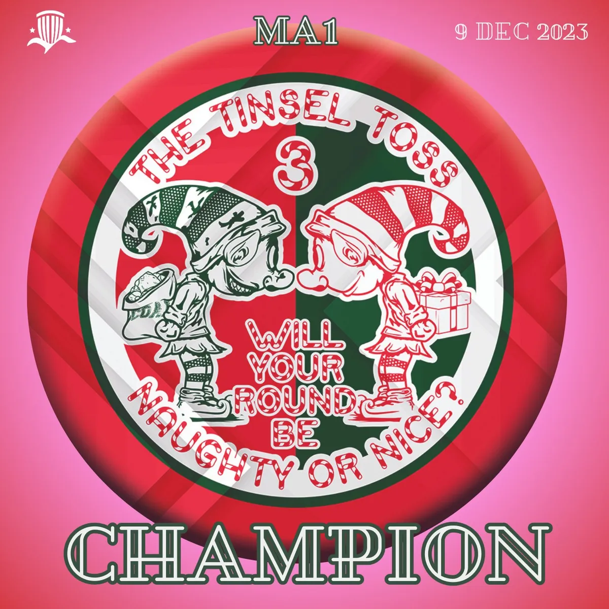 Round Tinsel Toss 3 champion decal: the Santa illustration on a red and green ornament, 9 Dec 2023, MA1.