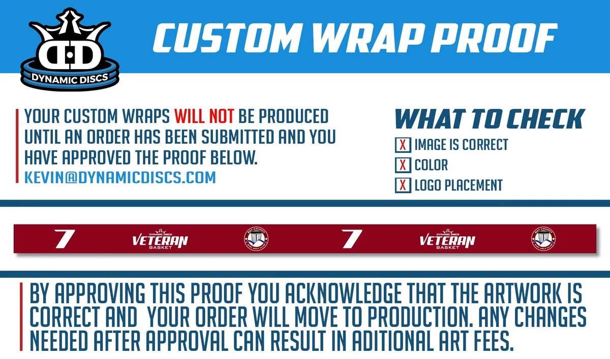 Dynamic Discs custom wrap proof: a red band with the Bay County Disc Golf crest repeated, with the checklist of what to verify before approval.