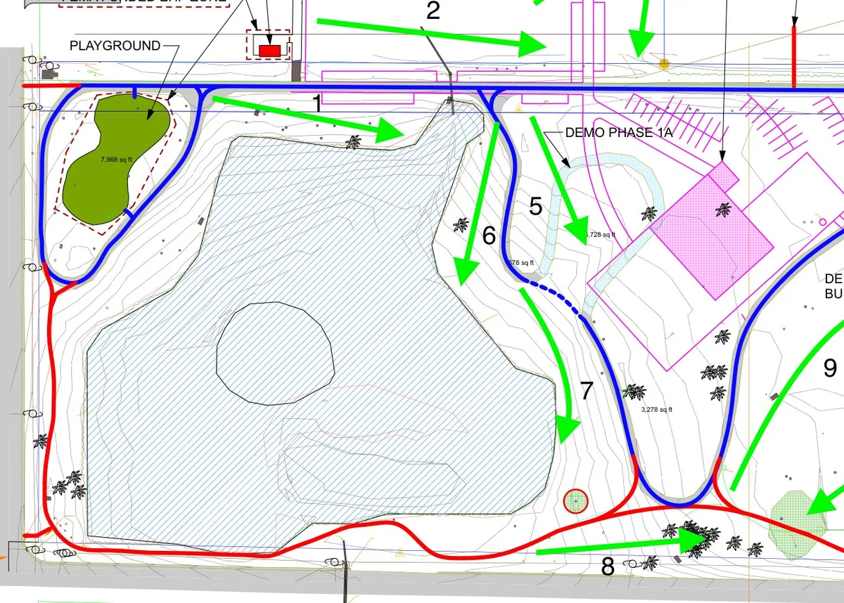 Detail of holes 1 through 8 wrapping the western pond and playground.