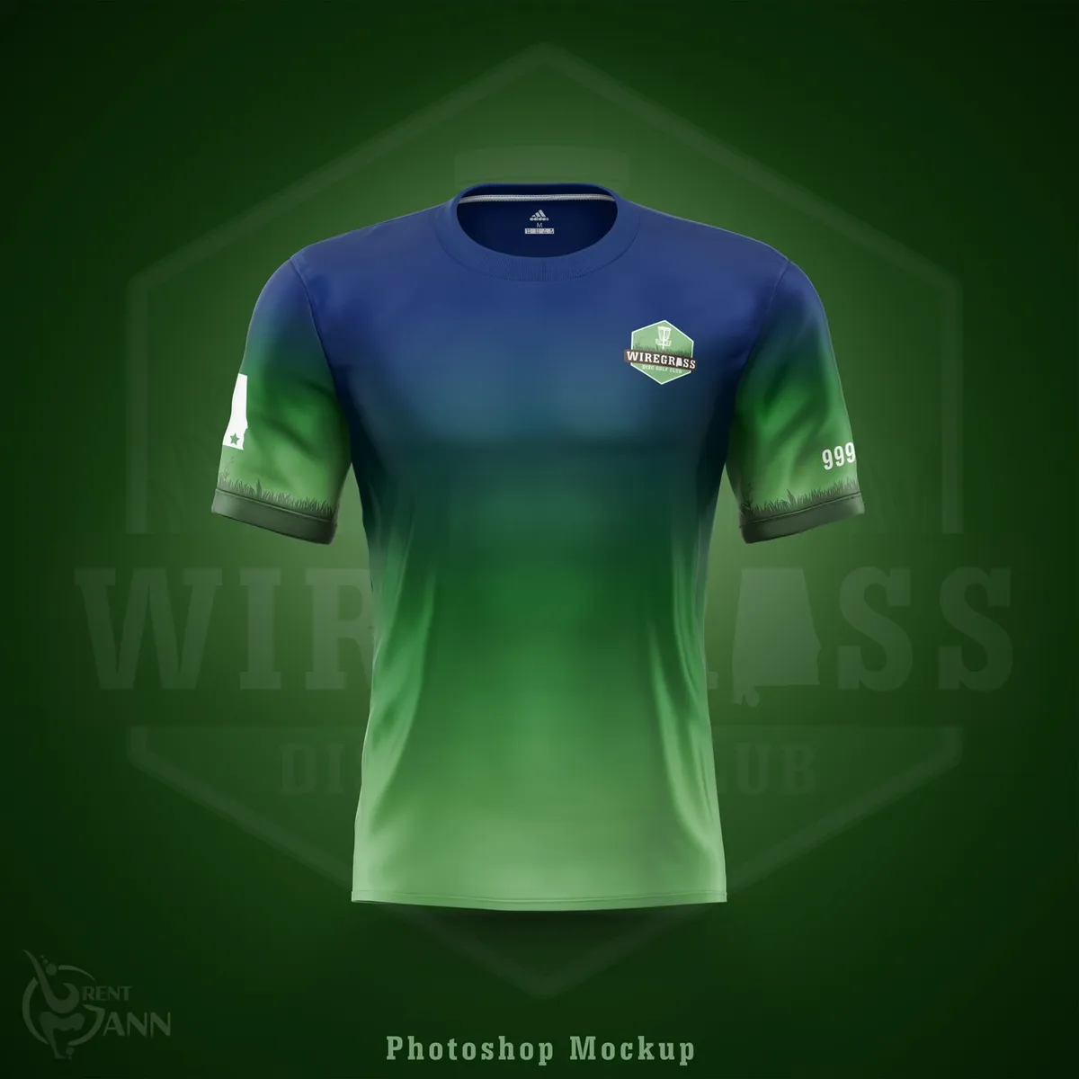 Wiregrass Disc Golf Club jersey front: green fading to blue with the hexagon badge on the chest.